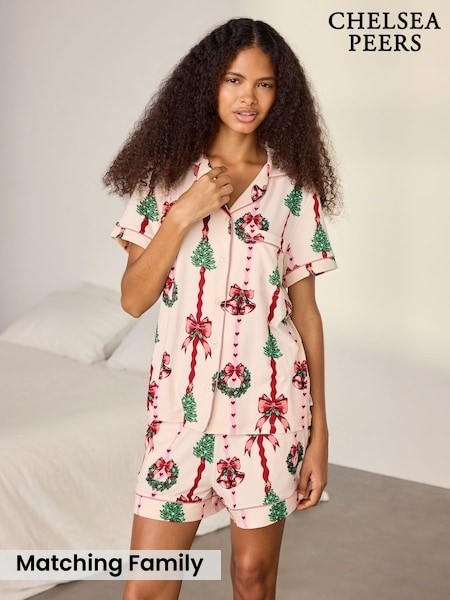 Natural - Chelsea Peers Christmas Ribbon Stripe Print Pyjamas Set