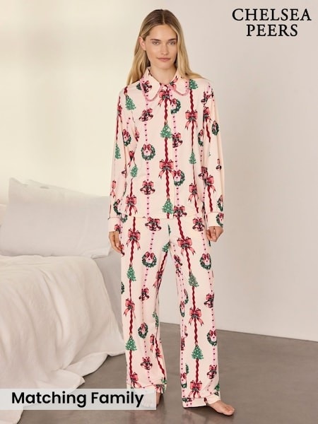 Natural - Chelsea Peers Christmas Ribbon Stripe Print Pyjamas Set