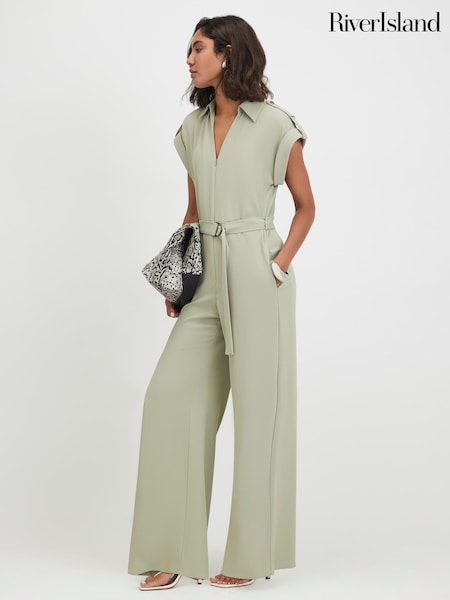 Green - River Island Twill Zip Front Jumpsuit