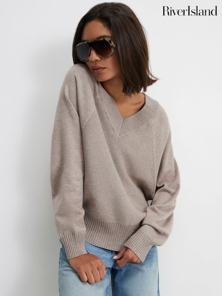 Brown - River Island Cotton V-neck Jumper
