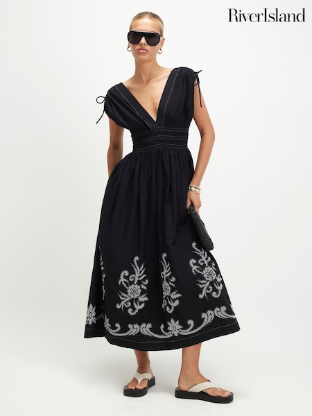 Black - River Island Cutwork Hem Midi Dress