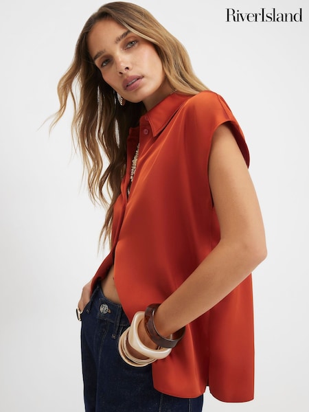 Orange - River Island Satin Short Sleeve Relaxed Fit Shirt