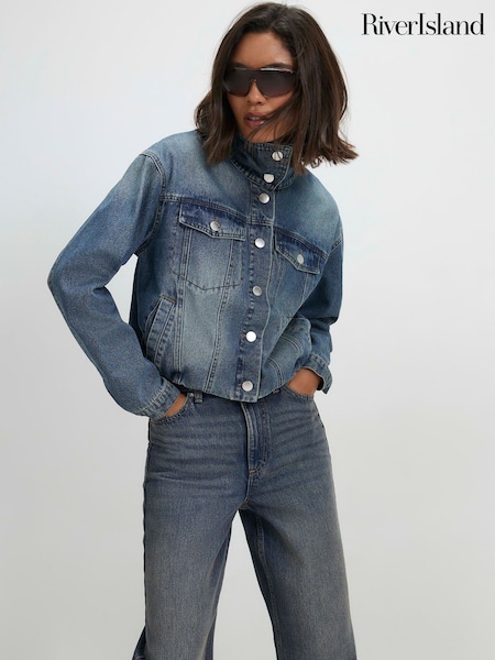 Blue - River Island Funnel Neck Denim Bomber Jacket