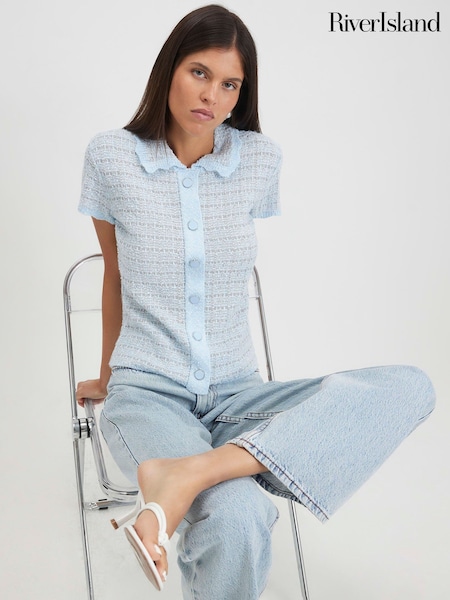Blue - River Island Knit Button Through Boucle Top