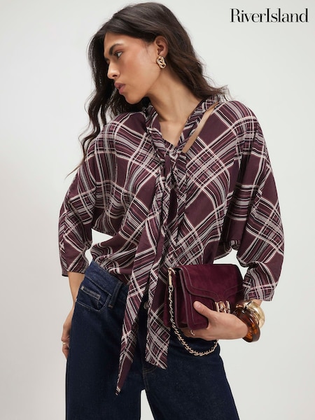 Red - River Island Check Pussybow Blouse