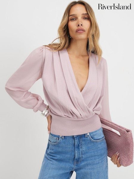 Pink - River Island Hybrid Knit Long Sleeve Top