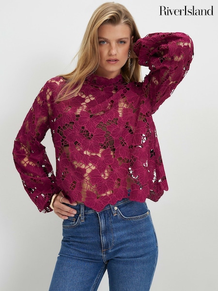 Red - River Island Long Sleeve Cutwork Blouse