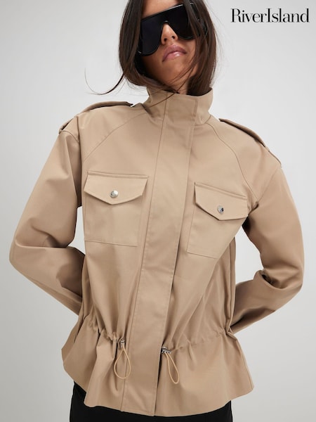 Brown - River Island Funnel Neck Tie Waist Bomber Jacket