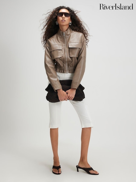 Brown - River Island Funnel Neck Faux Leather Jacket