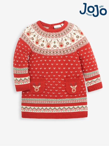 JoJo Maman Bébé Red Knitted Christmas Reindeer Fairisle Pattern Dress (8979G4) | £21