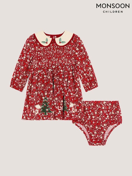 Pink - Monsoon Baby Ditsy Floral Christmas Dress & Knickers Set