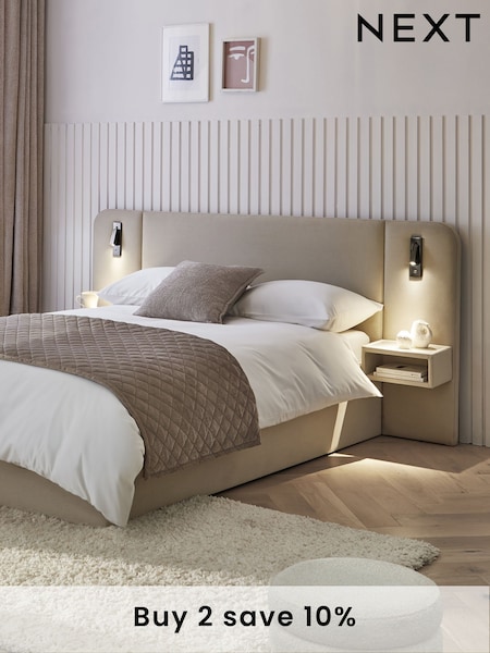 Natural Contemporary Tweed Linen Matson Upholstered Hotel Bed Frame with Ottoman Storage, Bedside Tables and Lights (8PX253) | £1,015 - £1,215