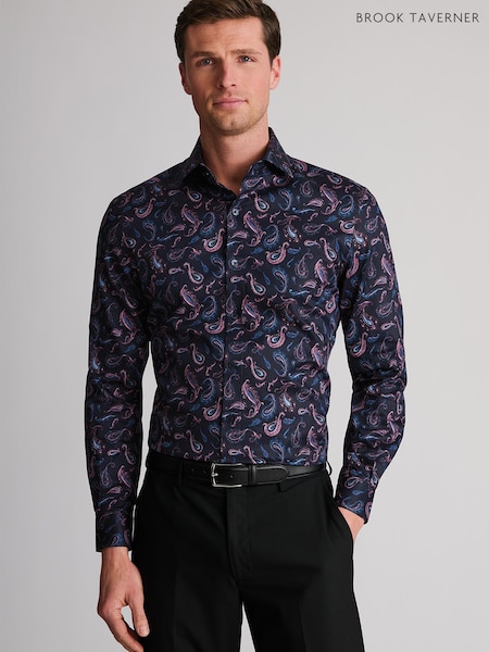 Blue - Regular Brook Taverner Paisley Print Cotton Shirt