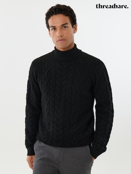 Black - Regular Threadbare Cable Knit Roll Neck Jumper