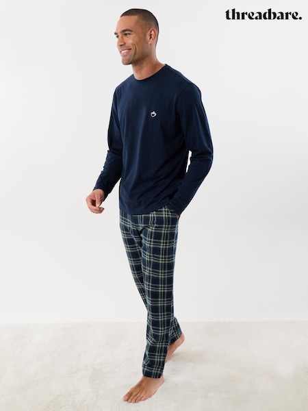 Dark Blue - Regular Threadbare Cotton Rich Top & Flannel Trousers Pjyamas Set