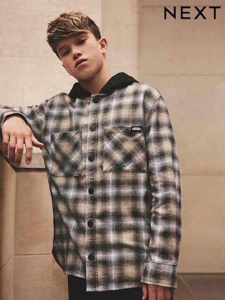 Black/White Long Sleeve Check 100% Cotton Hooded Shirt (3-16yrs) (904815) | £8.50 - £11