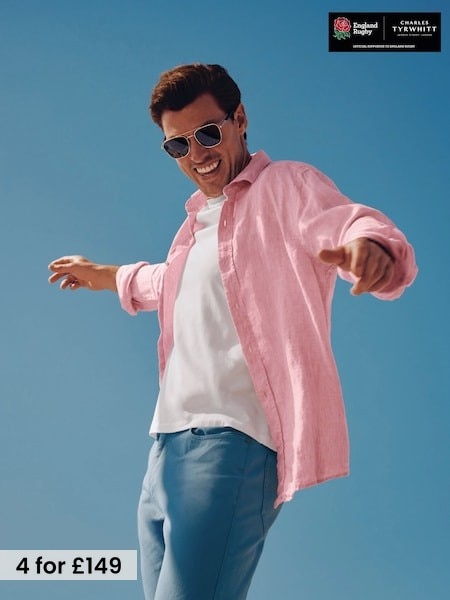 Baby Pink - Regular Charles Tyrwhitt Plain Pure Linen Long Sleeve Shirt