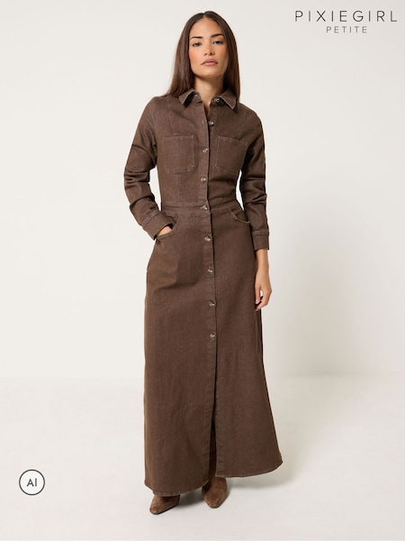 Brown - Pixiegirl Petite Denim Maxi Dress