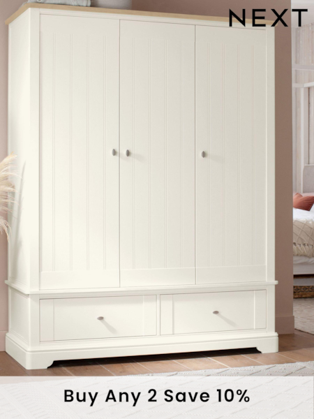 Chalk White Hampton Painted Oak Triple, 2 Drawers Wardrobe (905961) | £1,599
