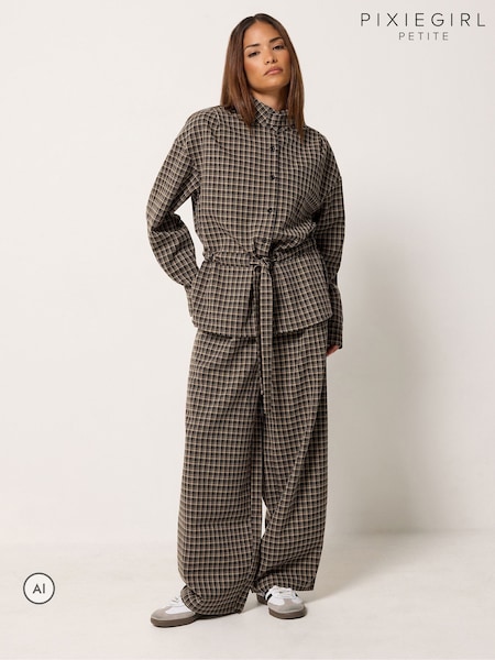 Brown - Pixiegirl Petite Check Tie Waist Shacket & Trousers Set