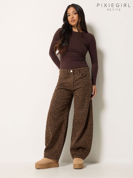 Brown - Pixiegirl Petite Animal Print Barrel Jeans
