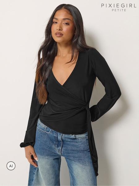 Black - Pixiegirl Petite Side Tie Balloon Long Sleeve Top