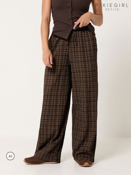 Brown - Pixiegirl Petite Check Crinkle Wide Leg Trousers