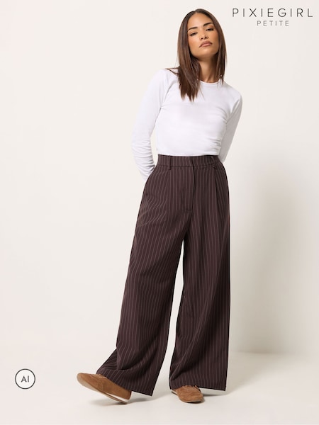 Brown - Pixiegirl Petite Pinstripe Cotton Wide Leg Trousers