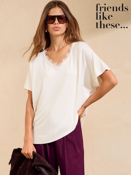 Ivory - Friends Like These Lace Trim Short Sleeve Tunic