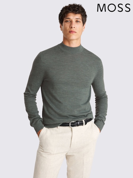 Green - Regular Moss Merino-blend Mock-neck Jumper
