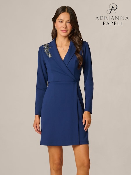 Blue - Adrianna Papell Bead Detail Tuxedo Dress