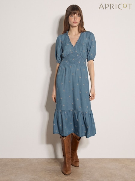 Blue - Apricot Floral Embroidered Denim Midi Dress