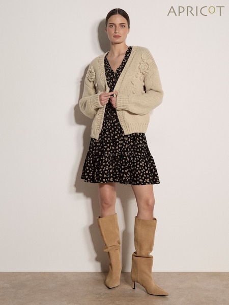 Natural - Apricot Rose Applique Chunky Knit Cardigan