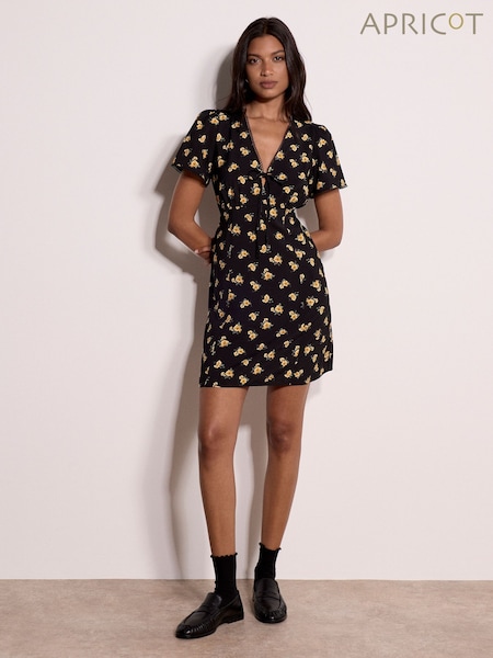 Black - Apricot Vintage Floral Mini Tea Dress