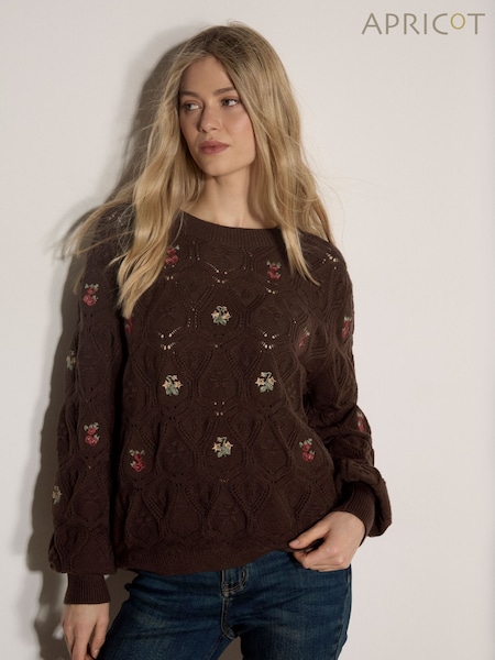Brown - Apricot Pointelle Knit Floral Embroidered Jumper