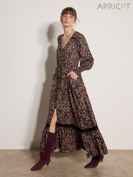 Dark Brown - Apricot Paisley Floral Maxi Dress