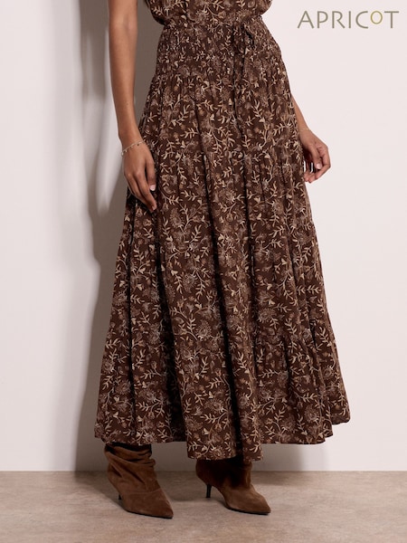 Brown - Apricot Painterly Paisley Tiered Maxi Skirt