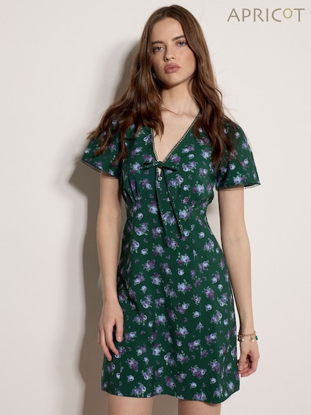 Green - Apricot Vintage Floral Mini Tea Dress