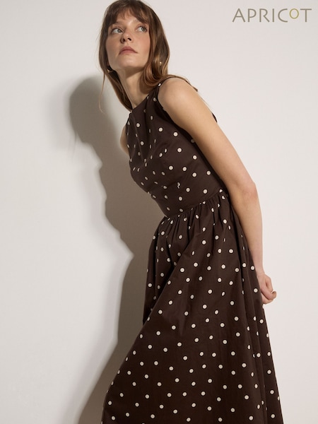 Brown - Apricot Polka Dot A-line Cotton Midi Dress