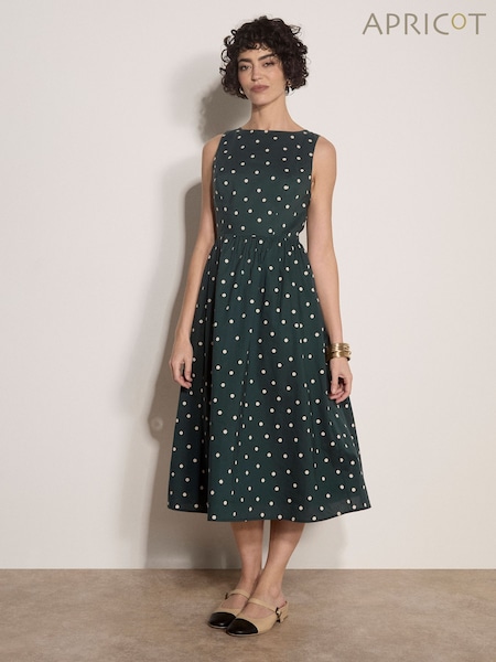 Green - Apricot Polka Dot A-line Cotton Midi Dress
