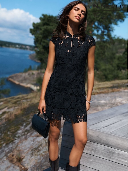 Black 3D Lace - Cap Sleeve Knot Fasten Mini Dress