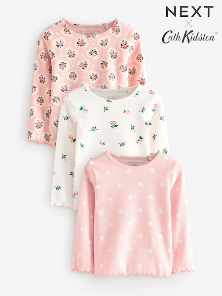 Cath Kidston Pink Floral Long Sleeve Ribbed T-Shirts 3 Pack (3mths-7yrs) (911449) | £18 - £22