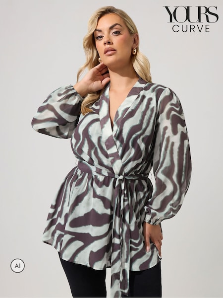 Grey - Yours Curve Animal Zebra Blurred Wrap Top