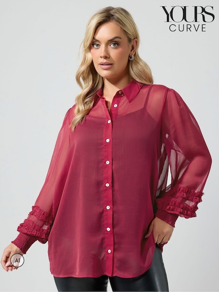 Red - Yours Curve Ruffle Shirred Cuff Shirt
