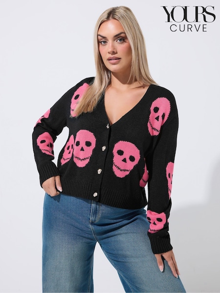 Black - Yours Curve Limited Skull Button Cardigan