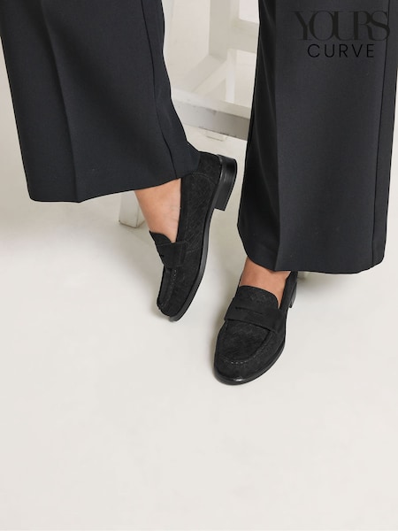 Black - Yours Curve Woven Embossed Loafers In Wide E Fit