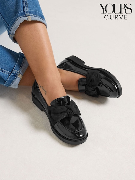 Black - Yours Curve Patent Bow Loafers