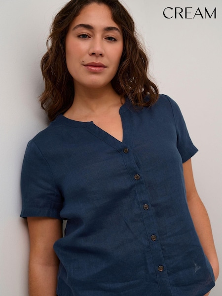 Cream Blue Bellis 100% Linen Short Sleeve Shirt (912413) | £65