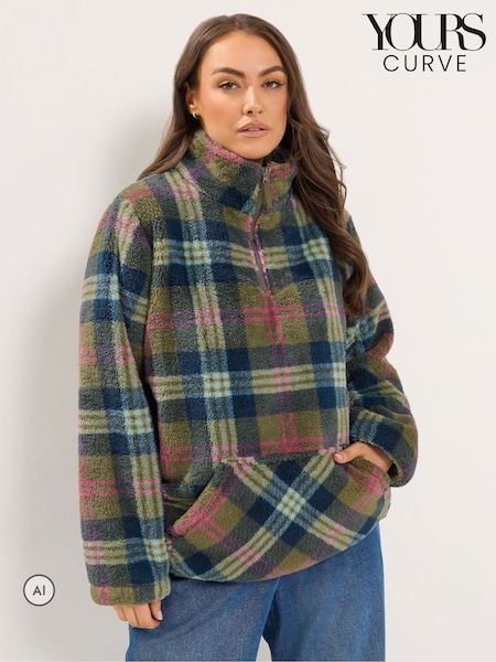 Green - Yours Curve Checked Half Zip Feather Fleece