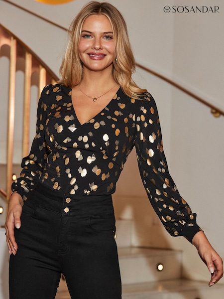 Black - Sosandar Metallic Spot Print Top